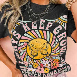 Colorful Growth Butterfly Flower Design Casual Crewneck Graphic Tee for Summer Vibes