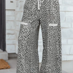 Gray Leopard Print Wide-Leg Terry Knit Pants