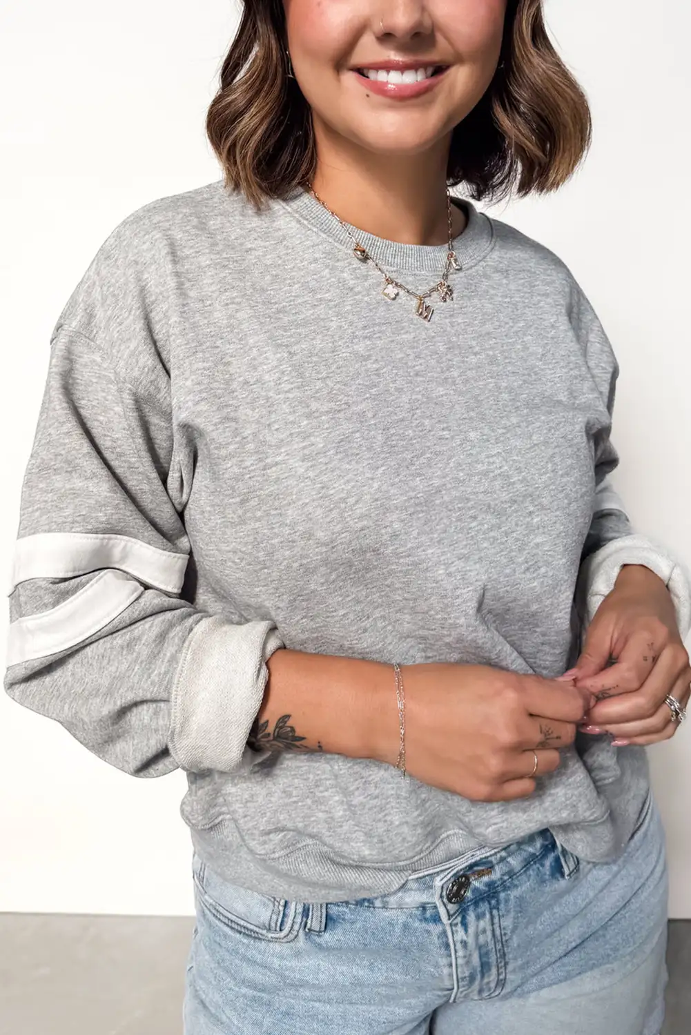 Light Grey Varsity Stripe Crew Neck Plus Sweatshirt