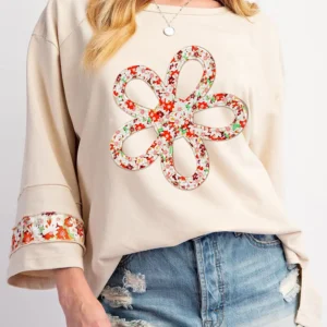 Chic Beige Floral Wide Sleeve Top for Effortless Spring Casual Style