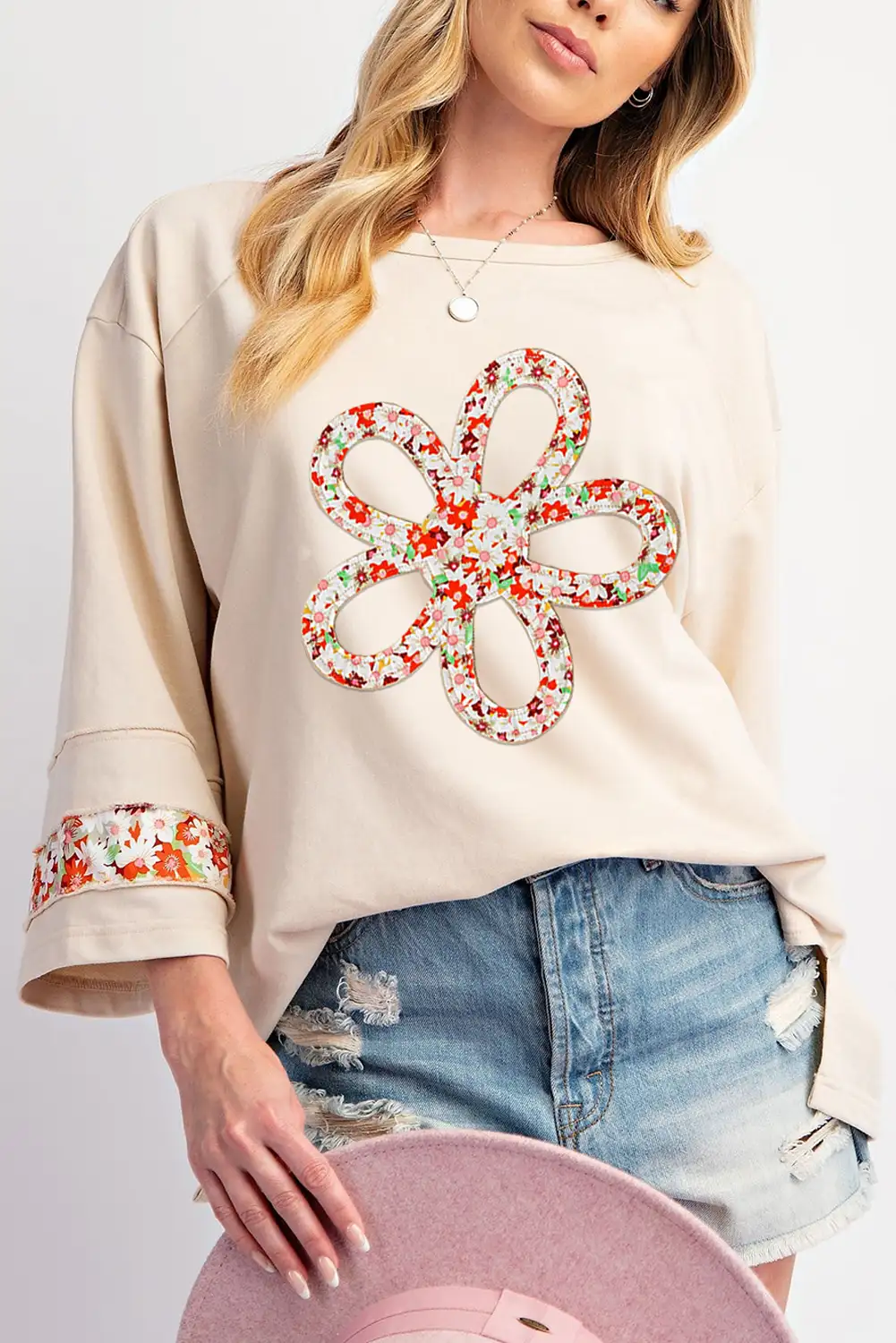 Beige Floral Wide Sleeve Top