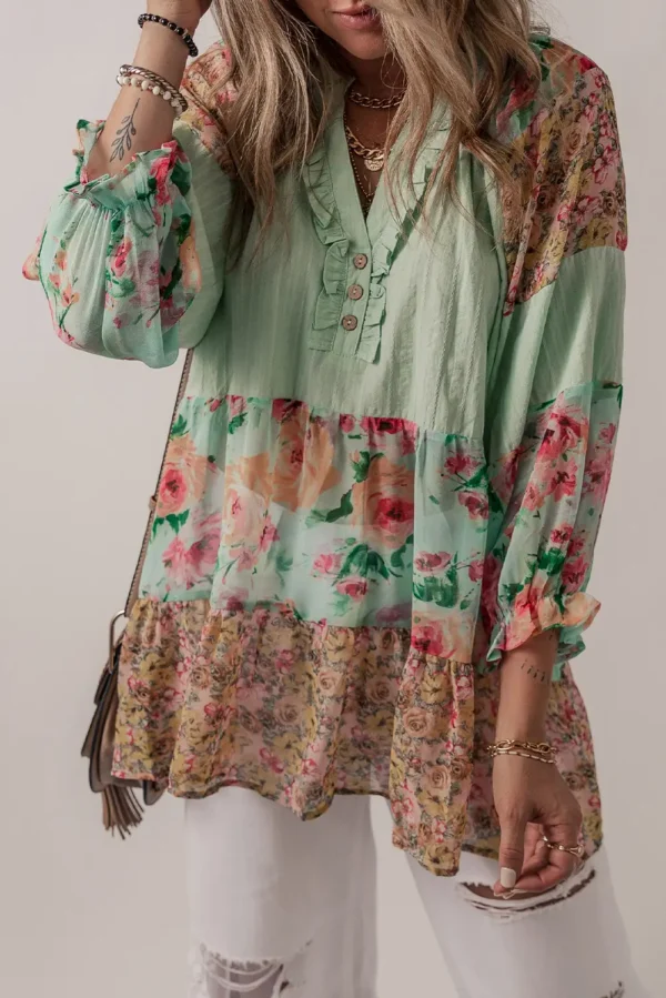 Chic Green Floral Patchwork Frilled Blouse