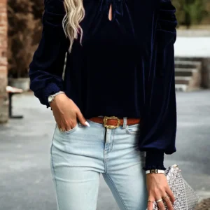Navy Blue Velvet Puff Sleeve Blouse