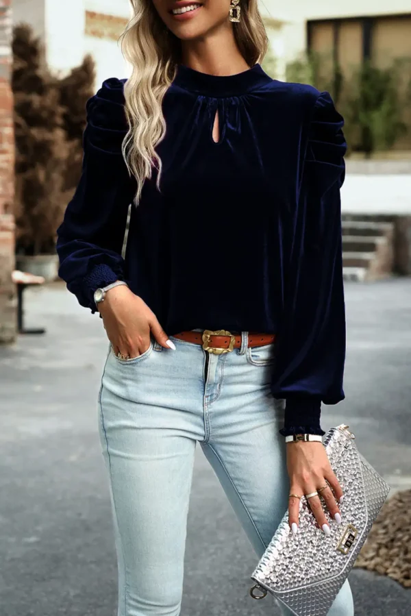 Navy Blue Velvet Puff Sleeve Blouse