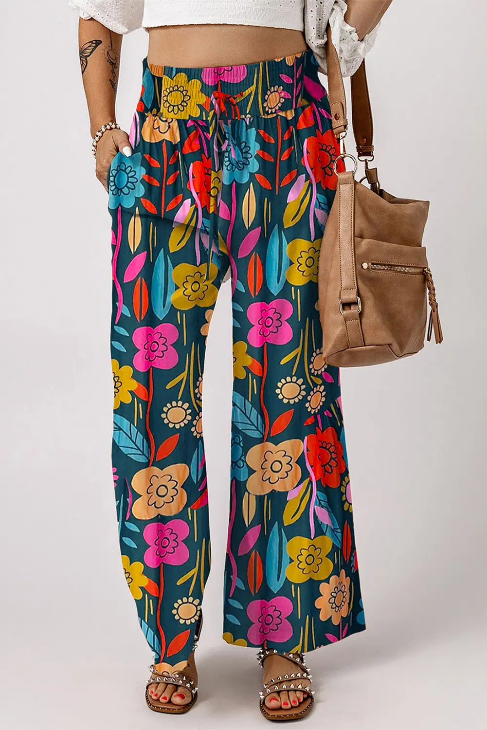 Charming Green Floral Smocked Waist Pants