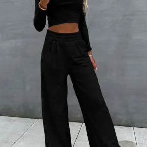 Stunning Black Crop Top and Wide Leg Pants Two Piece Set