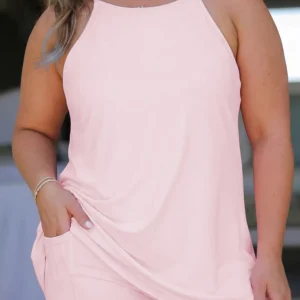 Pink Plus-Size Sleeveless Dress with Built-In Shorts - Short Two-Piece Set