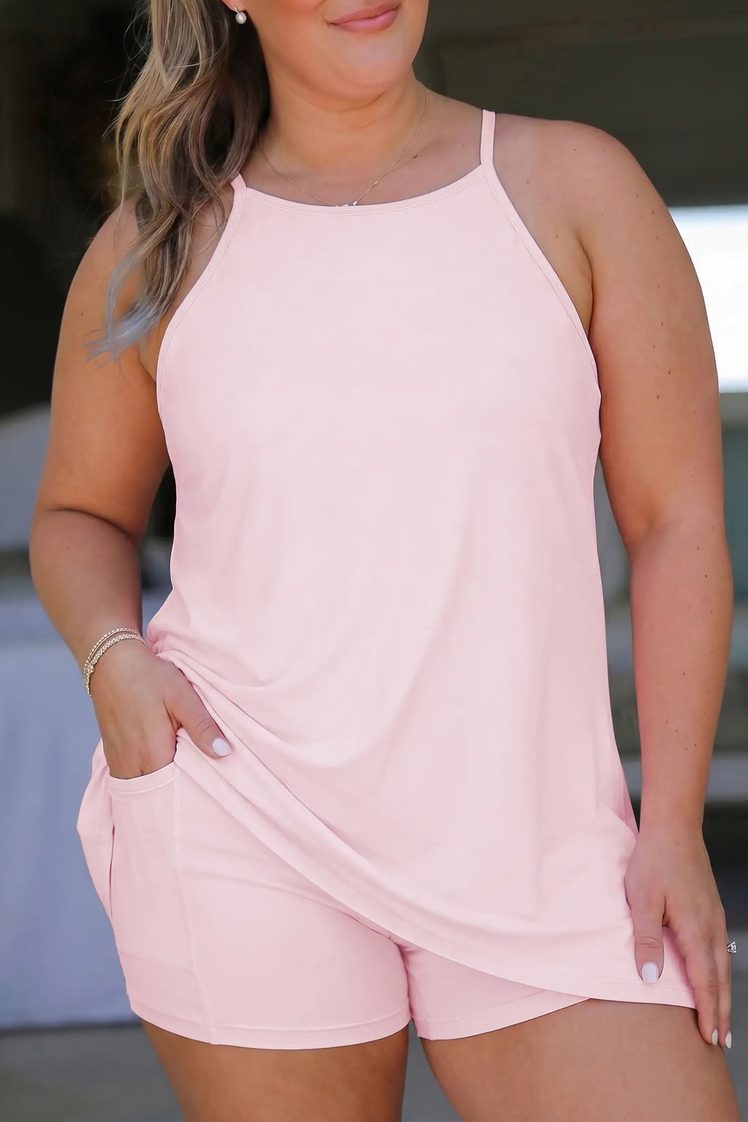 Pink Plus-Size Sleeveless Dress with Built-In Shorts - Short Two-Piece Set
