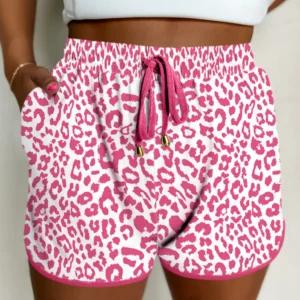 Pink Leopard Lace-Up Casual Shorts with Elastic Waistband & Contrast Trim