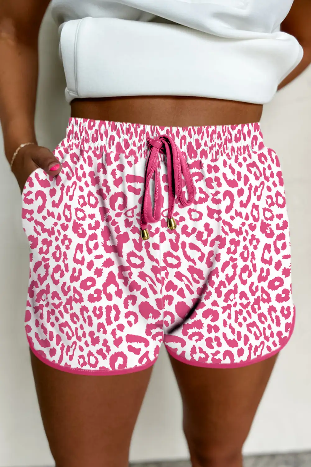 Pink Leopard Lace-Up Casual Shorts with Elastic Waistband & Contrast Trim