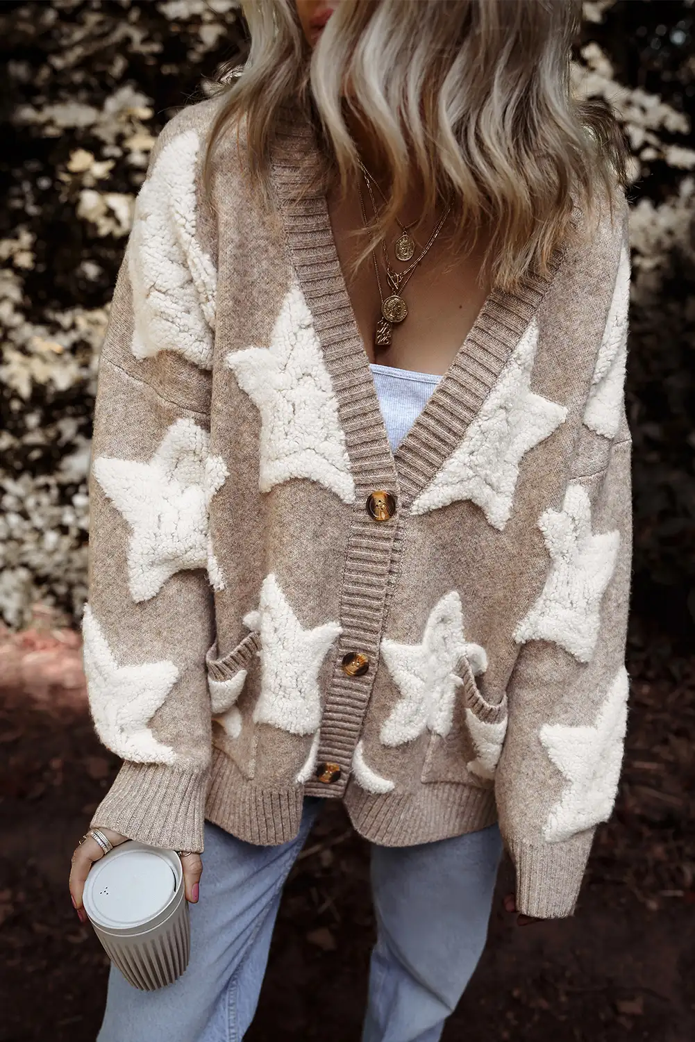 Khaki Sherpa Star Cardigan with Pockets