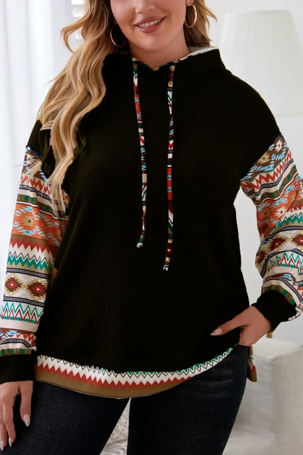 Black Aztec Patchwork Plus Size Hoodie