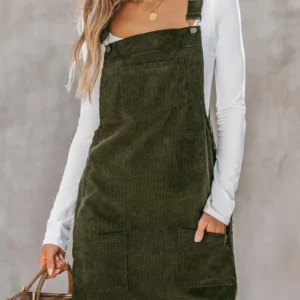 Chic Vineyard Green Corduroy Overall Dress for Effortless Casual Style Perfect for Summer and Autumn Sleeveless Mini Dress