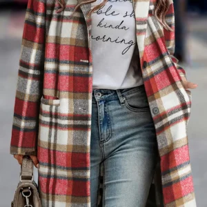 Vibrant Red Plaid Lapel Jacket