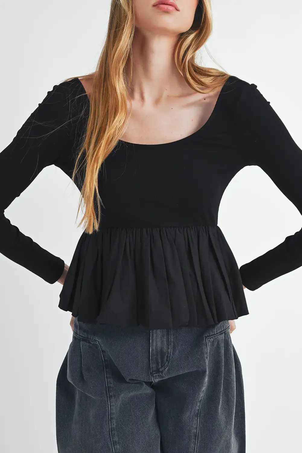 Black Ribbed Knit Long Sleeve Peplum Patchwork Top — Scoop Neck