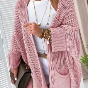 Pink Oversized Open-Front Cardigan — Fold-Over Cuffs, Patch Pockets