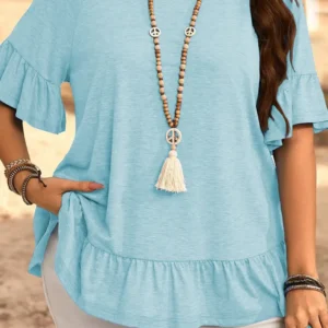 Light Blue Ruffled Short Sleeve Plus-Size Casual Blouse
