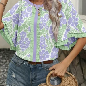Purple Floral Ruffled Color-Block Half-Sleeve Blouse