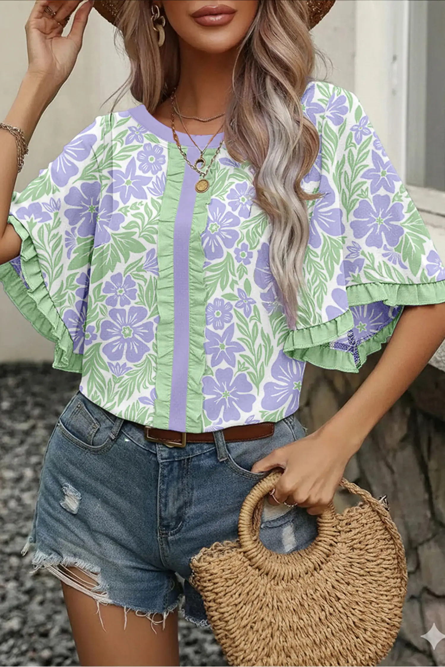 Purple Floral Ruffled Color-Block Half-Sleeve Blouse
