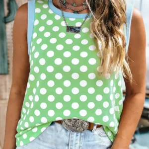 Green Polka Dot Tank with Contrast Trim — Round Neck, Loose & Sleeveless