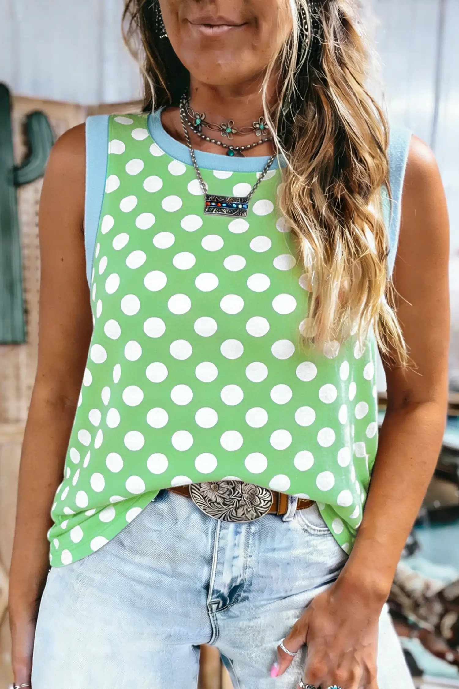 Green Polka Dot Tank with Contrast Trim — Round Neck, Loose & Sleeveless