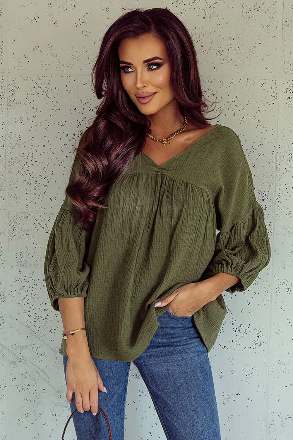 Fresh Green Textured V Neck Bracelet Sleeve Blouse