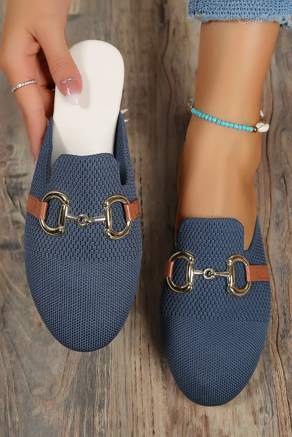 Sky Blue Buckle Decor Slip On Flats