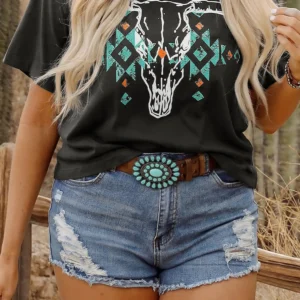 Carbon Grey Plus Size Western Aztec Bull Skull Graphic Tee