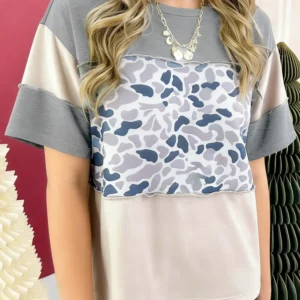 Gray Raw-Seam Color Block Camouflage Patchwork Tee