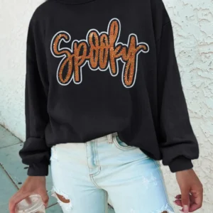 Spooky Rhinestone Drop Shoulder Sweatshirt Perfect for Casual Fall Halloweeen Vibes with Bold Letter Print