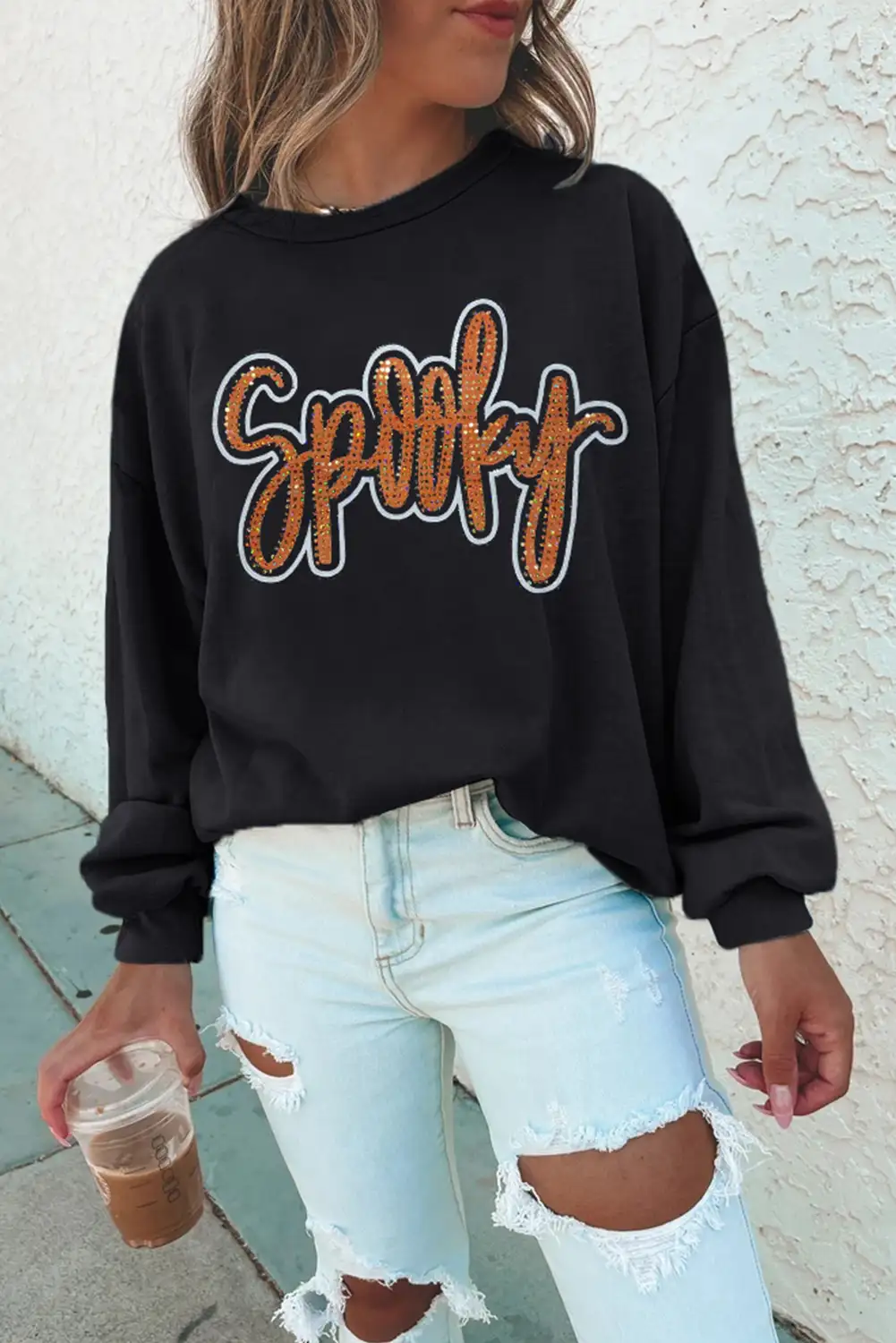 Spooky Rhinestone Drop Shoulder Sweatshirt