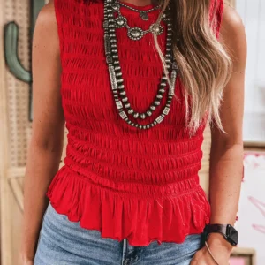 Fiery Red Shirred Slim-Fit Tank Top with Ruffle Hem