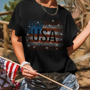 Sparkling Black Rhinestone USA Flag Graphic T Shirt for Casual Summer Celebrations with Glittering Sequin Letter Detailing