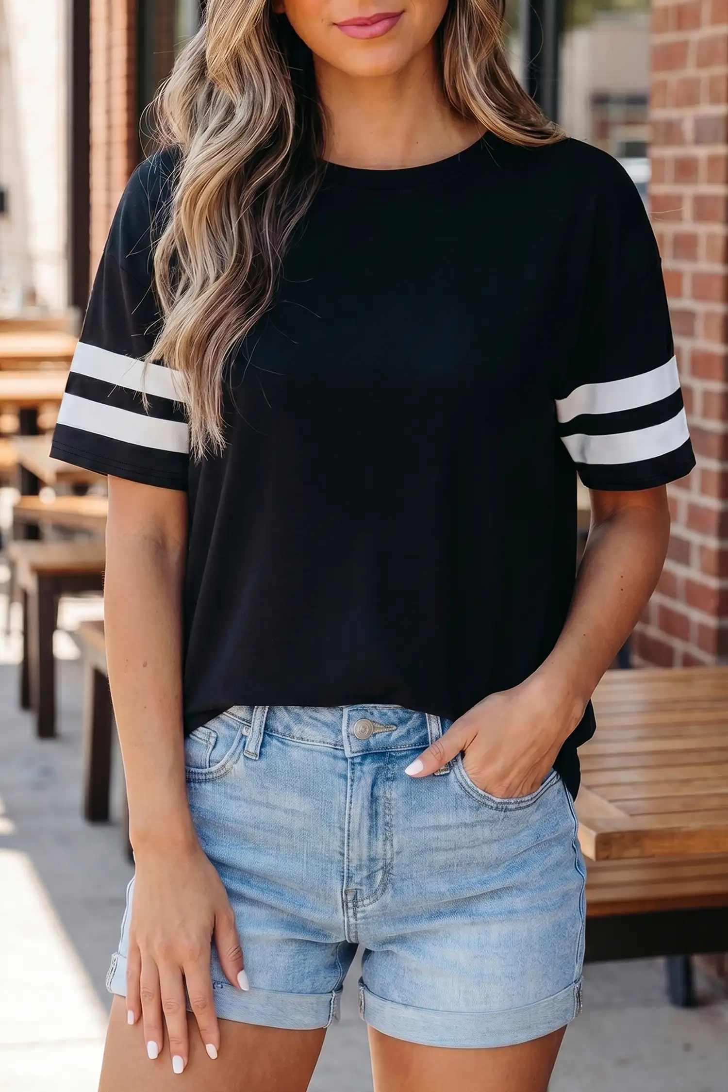 Black Varsity Striped Short Sleeve Crew Neck Tee