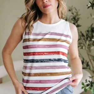 Red Stripe Rainbow Tank Top - Sleeveless Round-Neck Casual