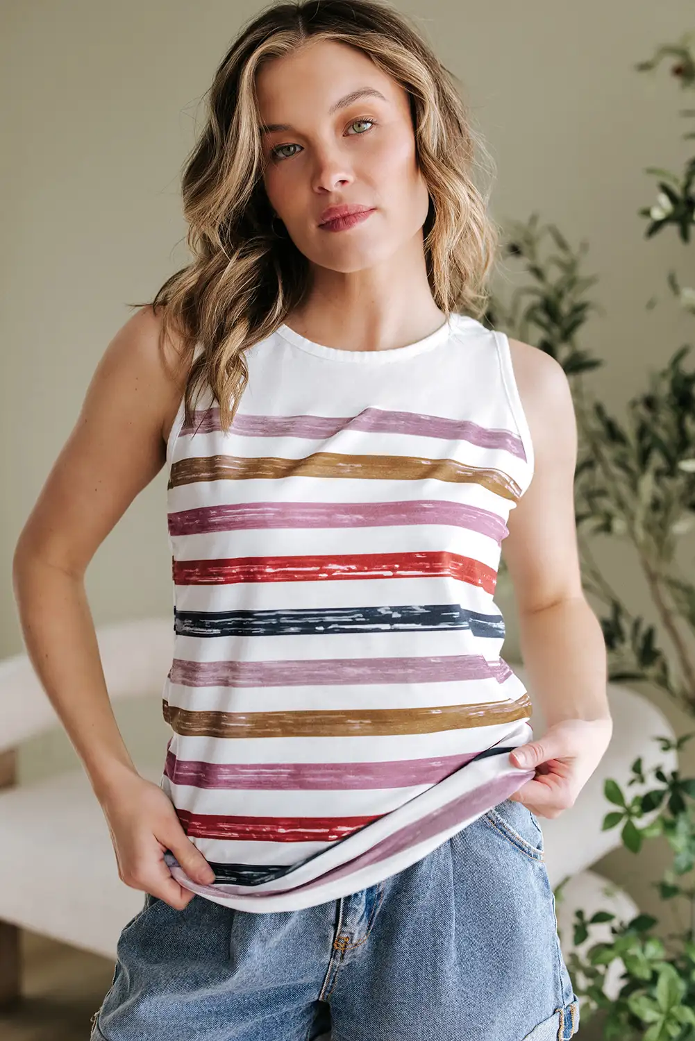 Red Stripe Rainbow Tank Top - Sleeveless Round-Neck Casual