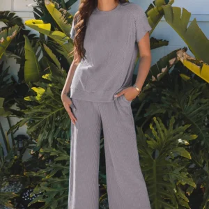 Wild Wind Solid Corded Knit Two-Piece Set: Short Sleeve Tee + Wide-Leg Pants