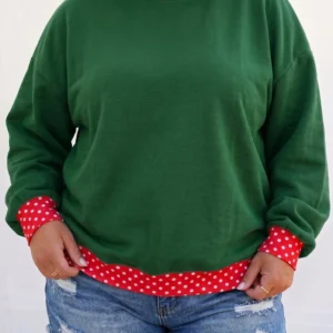 Dark Green Patchwork Polka Dot Round-Neck Sweatshirt - Plus Size