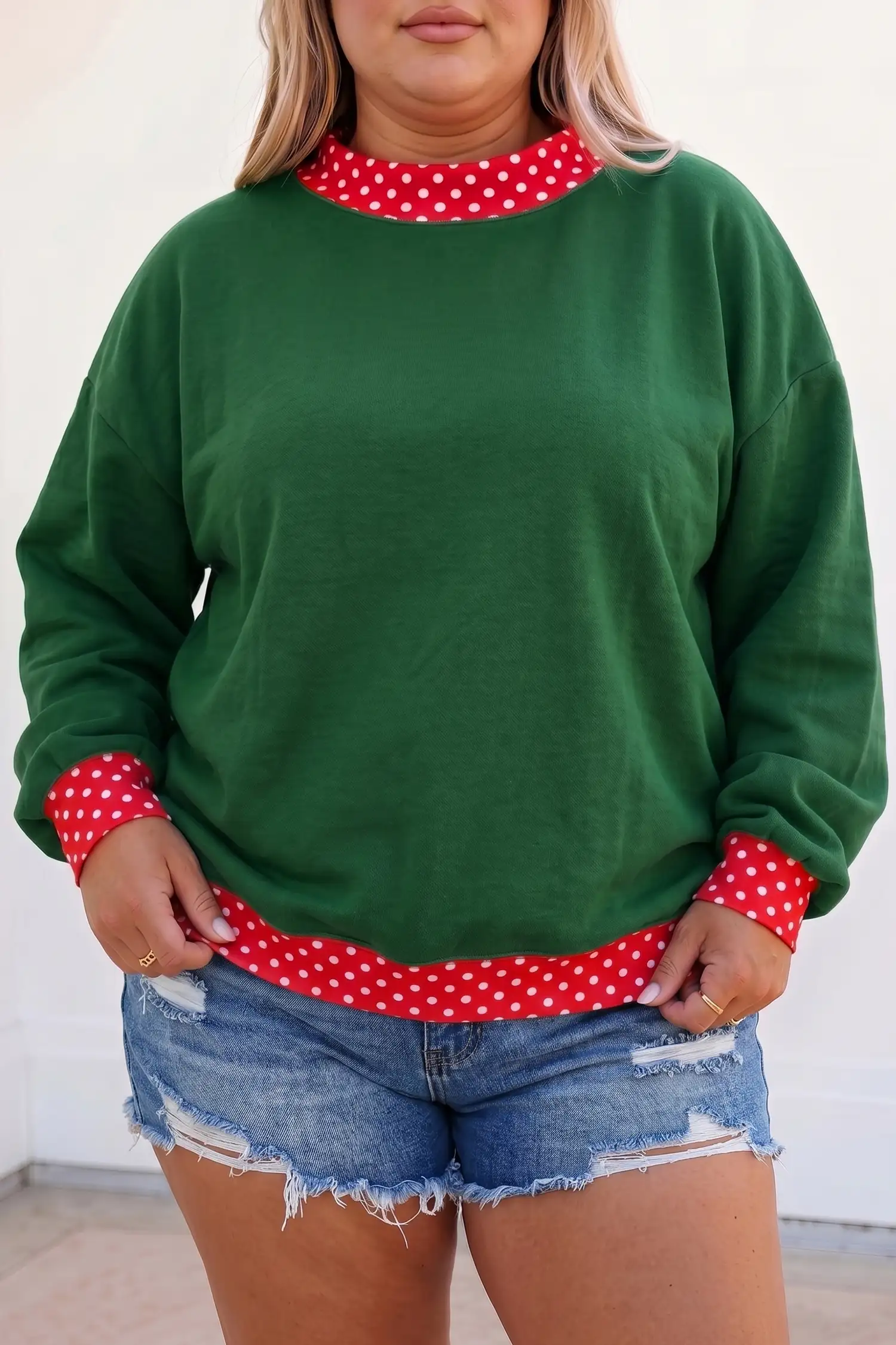 Dark Green Patchwork Polka Dot Round-Neck Sweatshirt - Plus Size