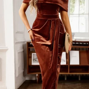 Chestnut Velvet Off Shoulder Pleated Wrap Evening Dress