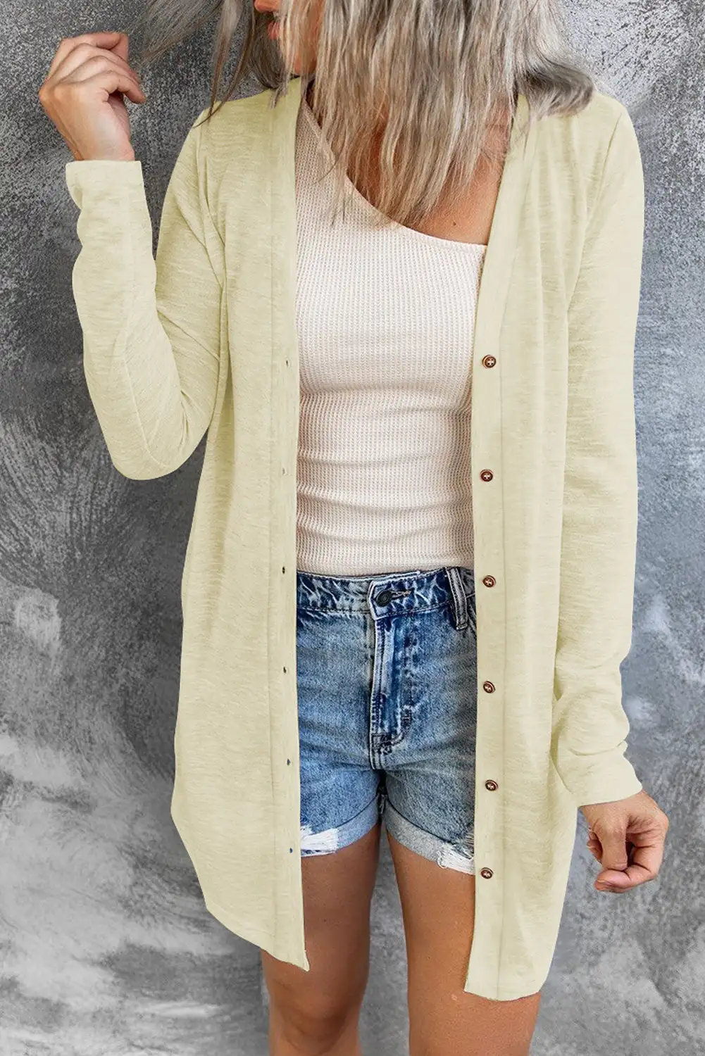 Beige Solid Color Longline Cardigan
