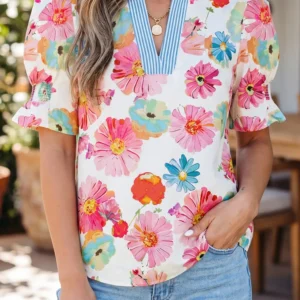 Beige Floral Print Short Puff-Sleeve V-Neck Blouse with Striped Trim