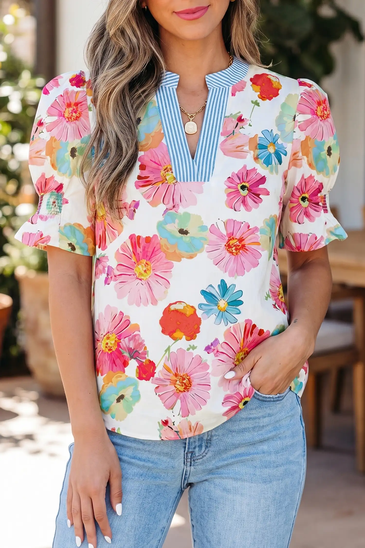 Beige Floral Print Short Puff-Sleeve V-Neck Blouse with Striped Trim