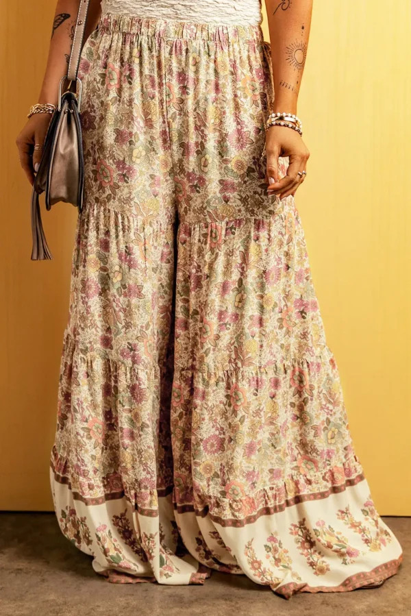 Boho Floral Patchwork Wide Leg Pants - Multicolor