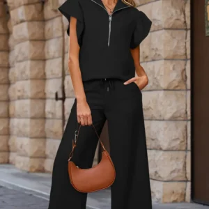 Black Textured Ruffled Sleeve Zipped Top & Wide-Leg Pants Set