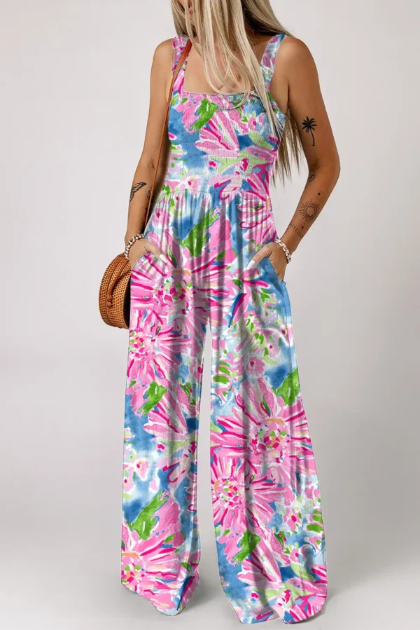 Pink Abstract Floral Smocked Jumpsuit