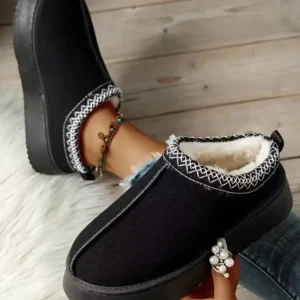 Cozy Black Suede Contrast Print Snow Boots