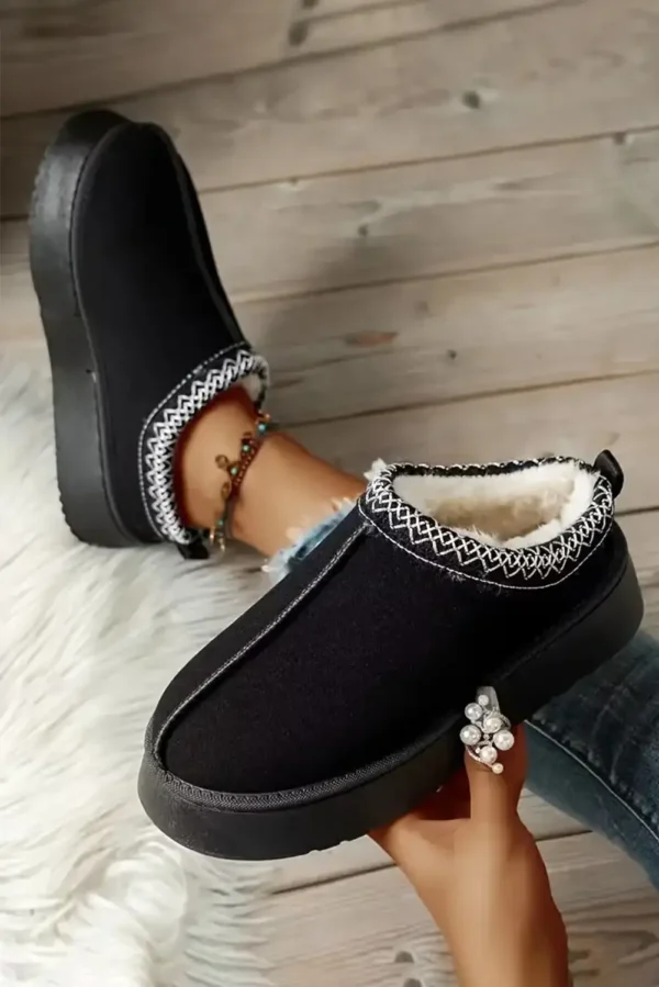 Cozy Black Suede Contrast Print Snow Boots