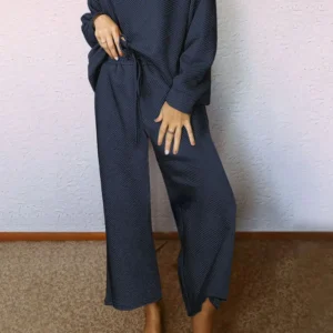 Comfy Navy Blue Textured Cozy Slouchy Two Piece Winter Outfit Perfect for Casual Home Days with Wide Leg Style