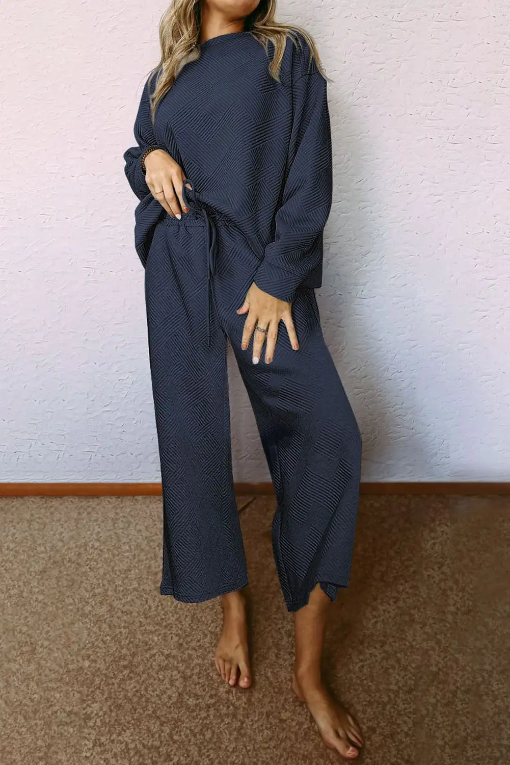 Comfy Navy Blue Textured 2pcs Slouchy Outfit